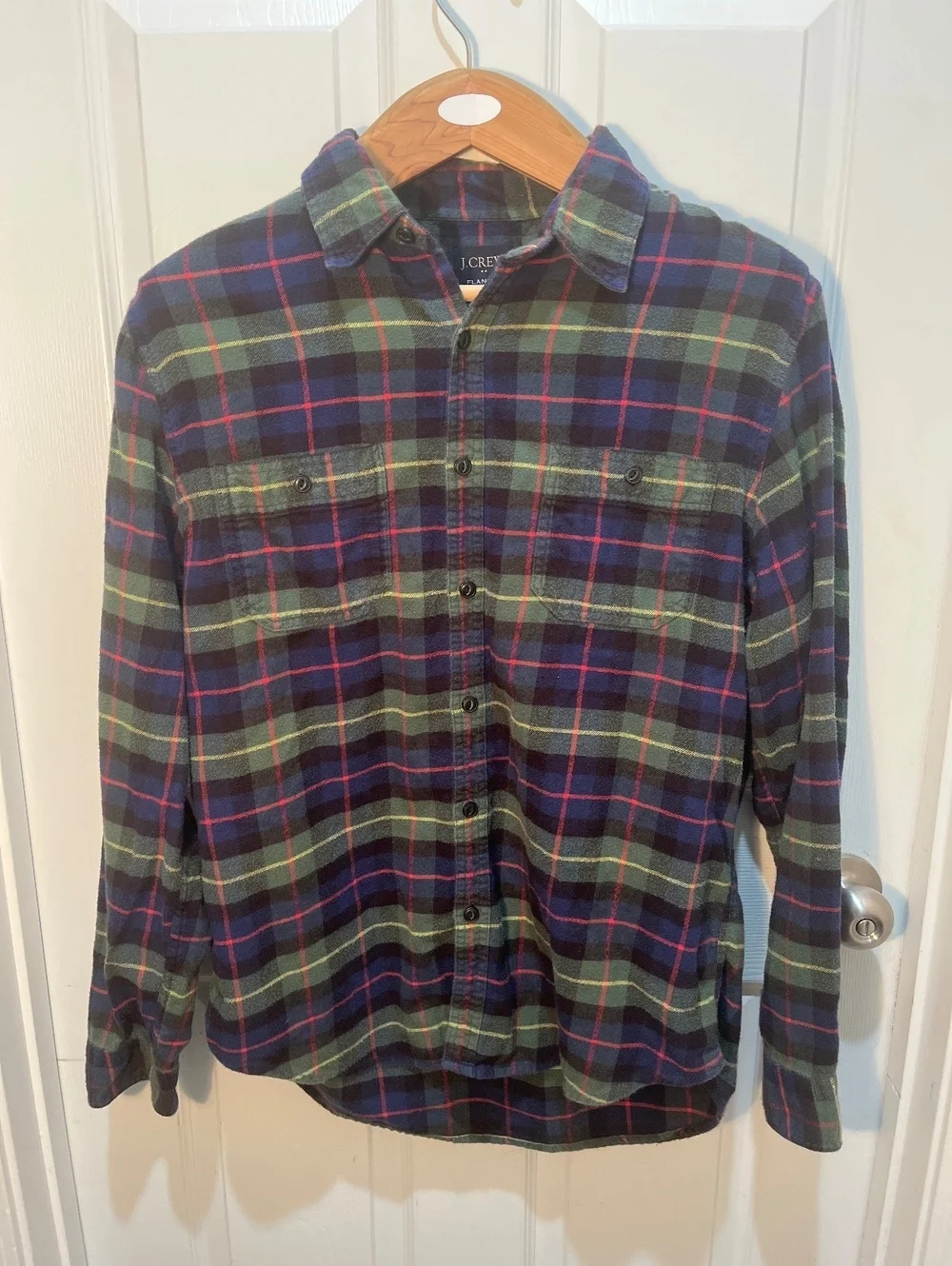 J.Crew Green, blue, yellow, red striped button up flannel men’s size Large